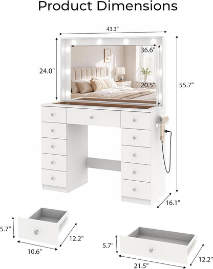 Otterease White Makeup Vanity with Mirror and Lights,11 Drawers & Glass Top | Vanity Desk Table with Charging Station and 10 LED Bulbs, Hair Dryer Holder, for Bedroom