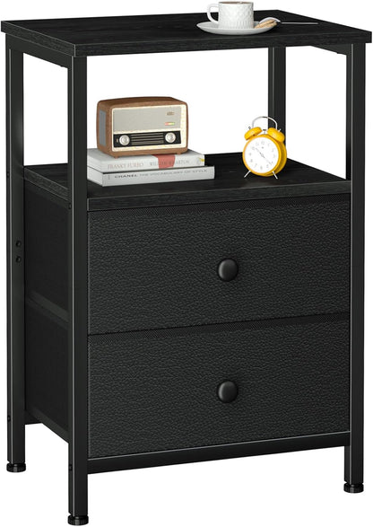 LOAKEKEL Night Stand, Black Nightstands with 2 Fabric Drawers for Bedroom | Small Bedside Table, End Tables Living Room, Bed Side Table with Open Storage Shelf