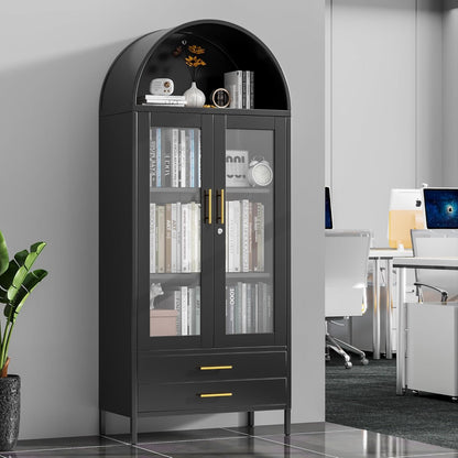 73" Tall Display Cabinet with Glass Doors and 2 Drawers, Metal Arched Cabinet with 2 Adjustable Shelves & Lock, Freestanding Curio Storage Cabinet for Home, Assembly Required, Black