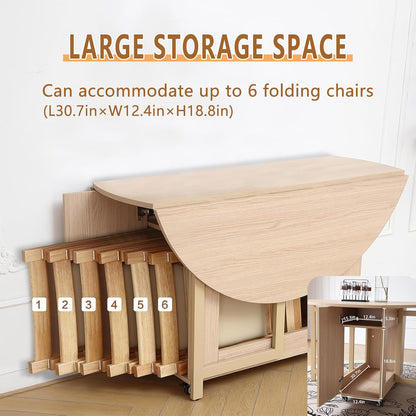 COMUHOME Wood Round Folding Dining Table with 6 Chairs, 47.3" Folding Table and Chairs with Storage Shelf Metal Legs for Home Dining Room Living Room, Space Saving Foldable Dining Table with 6 Chairs