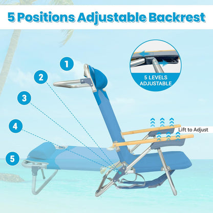 2 Pack Low Backpack Beach Chair with Folding Bamboo Table for Adults, 5-Position Lay Flat Reclining Chair Lightweight with Cooler Bag Supports 265 lbs