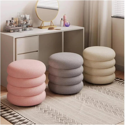 Soft Lamb Wool Ottoman Cream Vanity Stool for Girls' Makeup Bedroom Chair with Minimalist Design Round Pouf Ottoman,35x40cm Pink-One Size