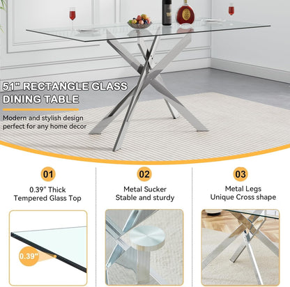 Modern Glass Dining Table Set for 6, Glass Silver Kitchen Table and Chairs Set, 7 Piece Dining Room Table Set with 51" Rectangle Dinner Table and 6 Black Leather Dining Chairs