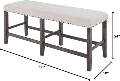 Jofran Willow Creek Distressed Pine Counter Height Dining Bench, Rustic Upholstered Bench for Dining Room Kitchen, Cream Fabric and Brown Wood