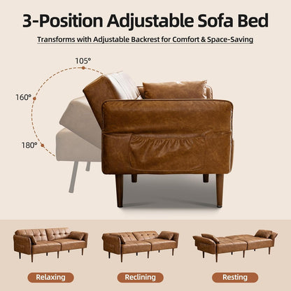 HALLYBEE 85" Futon Faux Leather Couch with Adjustable Armrests Brown | Futon Sofa Bed, Sleeper Sofa, Small Couch with Pillows, Side Pockets, Mid Century Modern, Living Room, Bedroom, Apartment