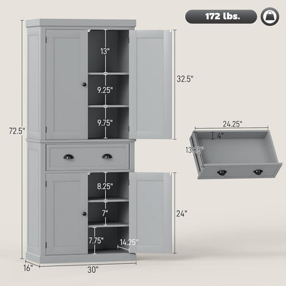 HOMCOM 72.5" Kitchen Pantry Cabinet, Traditional Freestanding Storage Cabinet with 4 Doors, Drawer and 3 Adjustable Shelves for Dining Room, Gray