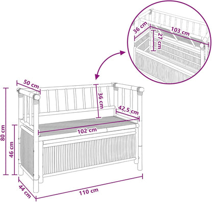 Bamboo Garden Storage Bench 110x47x80 cm, Outdoor Storage Bench with Hidden Compartment, Natural Finish Post Leg Design for Patio