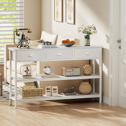 Furologee White Long 47" Console Sofa Table with 3 Drawers, Entryway Table with 3-Tier Storage Shelves, Display Shelf for Entry Way, Hallway, Couch, Living Room, Kitchen, Foyer | Industrial Hallway Table with Open Wooden Shelves for Hallway, Entry Way