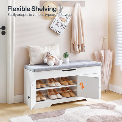 HOOBRO 39.4" Long Entryway Bench with Flip-Top Storage, 3 Tier Shoe Storage Bench with Thickened Padded Seat Cushion, Wooden Shoe Bench with 3 Barn Doors & Adjustable Shelf, White and Gray WG35HX01