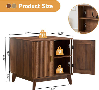 Fluted End Table with Charging Station, 2 Door Side Table with Storage, Mid Century Modern Nightstand for Bedroom Bedside, Living Room Couch Sofa, Office, Desk Side Table for Small Spaces-Walnut