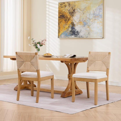 French Country Dining Chairs Set of 4, Beige Farmhouse Wood Dining Room Chairs, Woven Back Linen Upholstered Dining Chair, Solid Wood Legs, Boho Style Kitchen Chairs, Sillas de Comedor