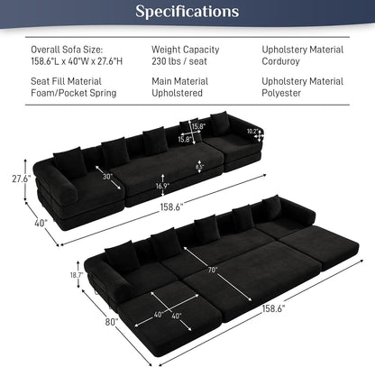 DAMAIFROM Convertible Sleeper Sofa Bed Floor Couch, Black | 158" Corduroy Modular Compressed Futon Sofa Bed, Pull-Out Cloud Sectional Couch with Memory Foam Mattress for Living Room