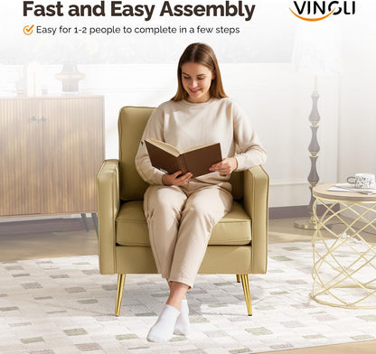 VINGLI Faux Leather Accent Chairs Set of 2 with Gold Legs for Living Room | Brown Armchair, Thick Foam Cushion, Durable Faux Leather PU, Sturdy 380 LB Frame, Elegant Gold Legs, Compact Modern Design