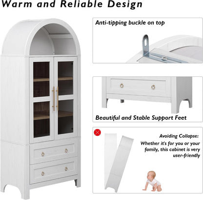 71" Tall Arched Kitchen Pantry Cabinet, Modern Farmhouse Freestanding Food Storage Cabinet with 2 Large Drawers & Adjustable Shelves, Glass Door Wood Cupboard for Kitchen & Dining Room,White