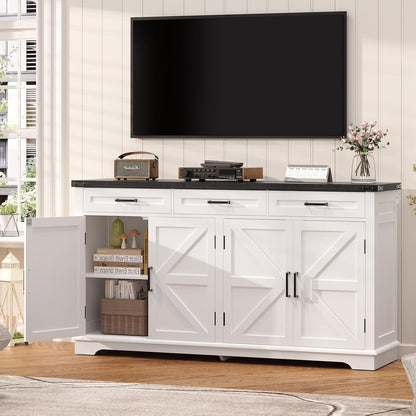 usikey 61” Large Sideboard Buffet Cabinet with 4 Doors and 3 Drawers, Farmhouse Buffet Table, Dining Room Storage Cabinet for Kitchen or Living Room, White