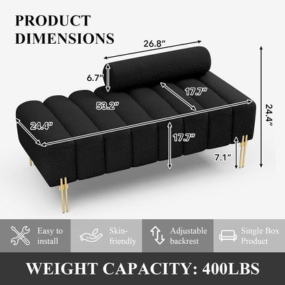 53.2" Width Ottoman Bench, Teddy Upholstered Accent Sofa with Metal Legs, Comfy Love Seat Couches with Adjustable Backrest, End of Bed Bench for Bedroom, Entryway (Black)