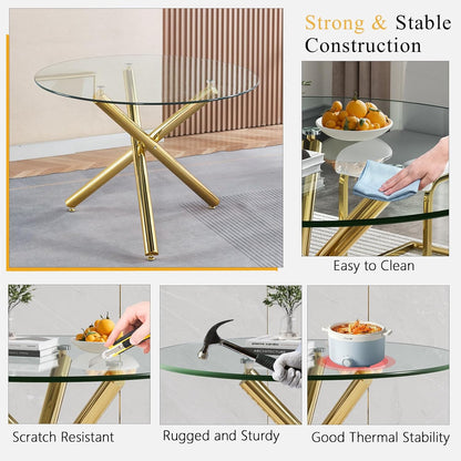 Round Glass Dining Table Set for 4, Small Kitchen Table Set for 4, 47" Circle Gold Glass Dinner Table for 4 with Green Velvet Chairs, 5 Piece Dining Room Table Set for 4 for Breakfast Dinette Cafe