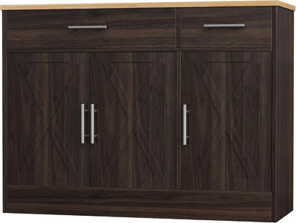 Shintenchi Modern Farmhouse Sideboard Buffet Cabinet,Barn Doors Buffet Cabinet with 2 Drawers & 3 Doors,Wood Coffee Bar Cabinet with Adjustable Shelf for Kitchen Living Room,Brown