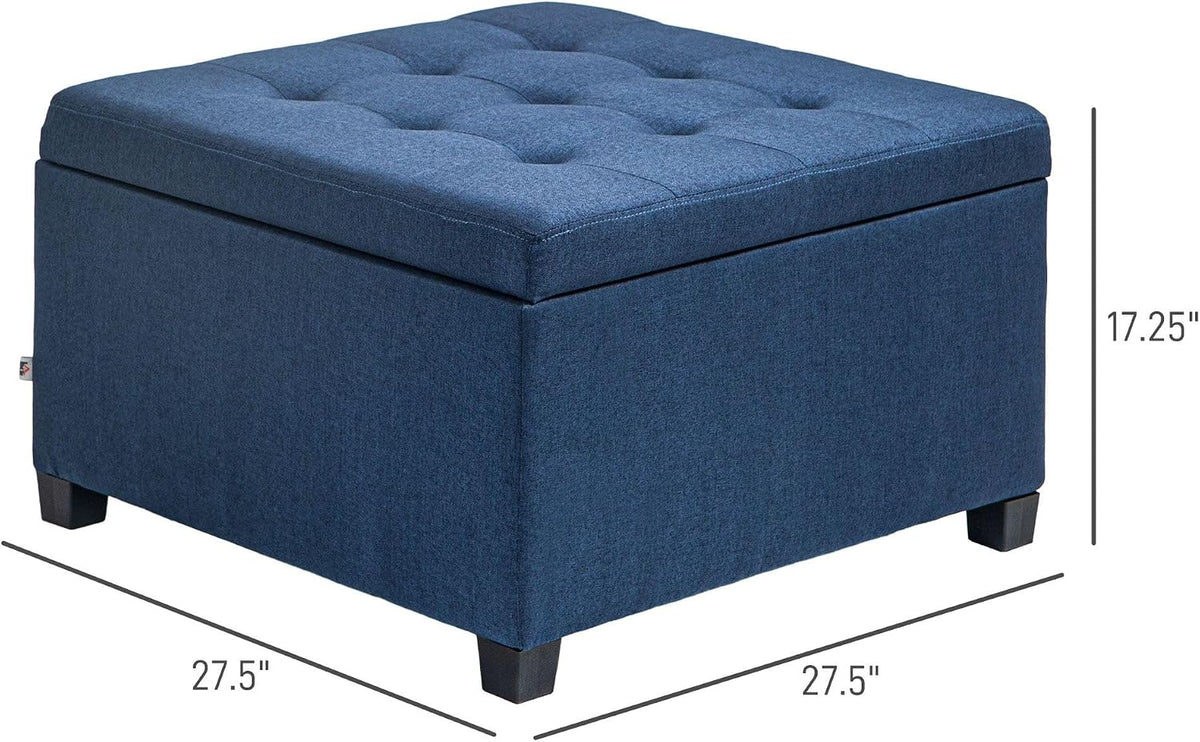 Round Storage Button Tufted Flip Top Ottoman in Luxurious Blue Velvet with Premium Upholstery and Comfortable Elegant Design