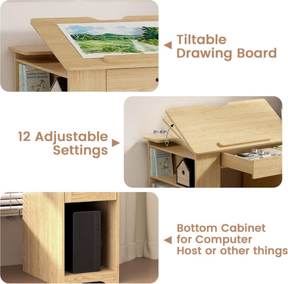 Drafting Table with Storage Cabinet & Drawers, Adjustable Drawing Table with Open Shelves, Craft Art Desk for Artists, Painters, Drawing, Crafting, Reading, Writing, Working