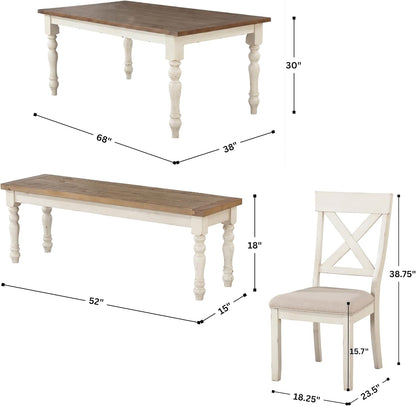 Roundhill Furniture Prato 6-Piece Dining Set, Dining Table with 4 Cross Back Chairs and Bench, Antique White and Distressed Oak Finish