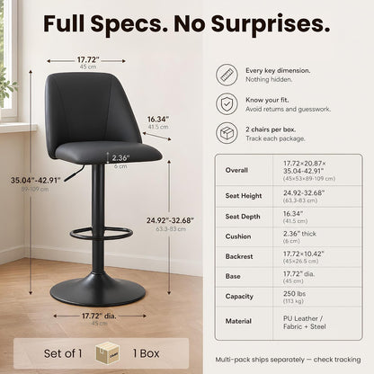 COLAMY MALOL 360° Swivel Bar Stool, Counter Height Chair with Silent Rotation, High-Density Foam Cushion, Solid Wood Frame, Footrest & Anti-Slip Pads for Kitchen Islands and Home Bars (Grey, 30.5")