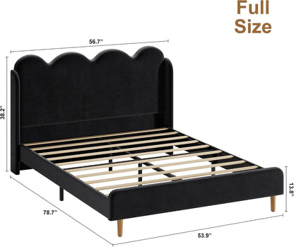 Garvee Chenille Upholstered Full Size Bed Frame, Wingback Design, Black