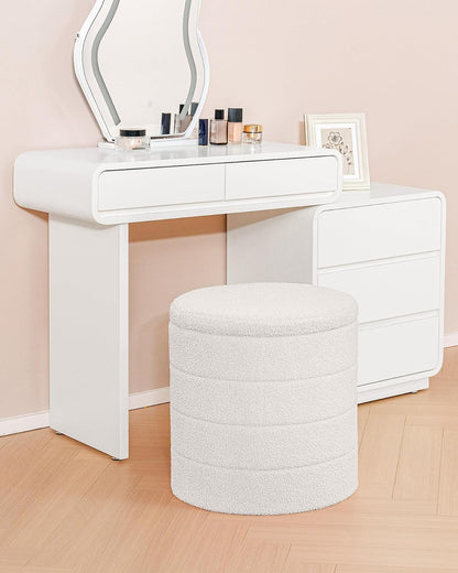 B FSOBEIIALEO Folding Storage Ottoman, Round Sherpa Ottomans, Cream White | 16.9" Foldable Ottoman With Tray, Boucle Foot Stool, Small Storage Coffee Table for Living Room, Bedroom, Hallway