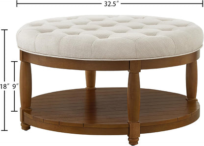RENSGO 32.5" Large Round Upholstered Tufted Linen Ottoman Coffee Table, Large Footrest Ottoman with Wood Shelf Storage- Ivory