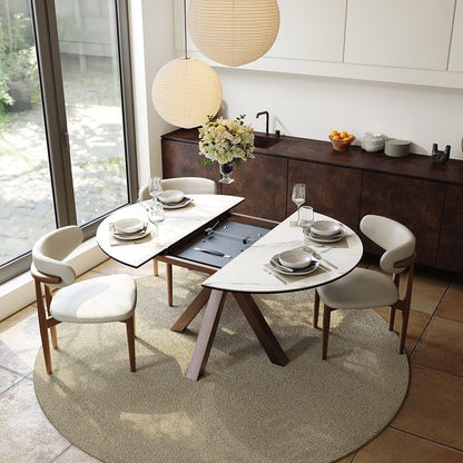 POVISON Modern Extendable Dining Table, 47" to 63" Round to Oval Sintered Stone Kitchen Table with Carbon Steel Pedestal Base for 4-6, White with Bronze(Table Only