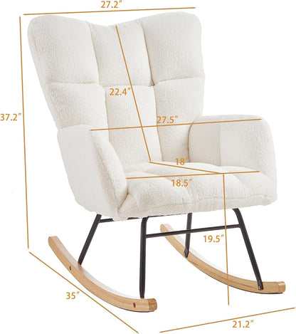 37.2" H Glider Rocking Chair Upholstered with Teddy Fabric, Indoor Rocking Chair with Armrests & Metal Frame (Ivory)