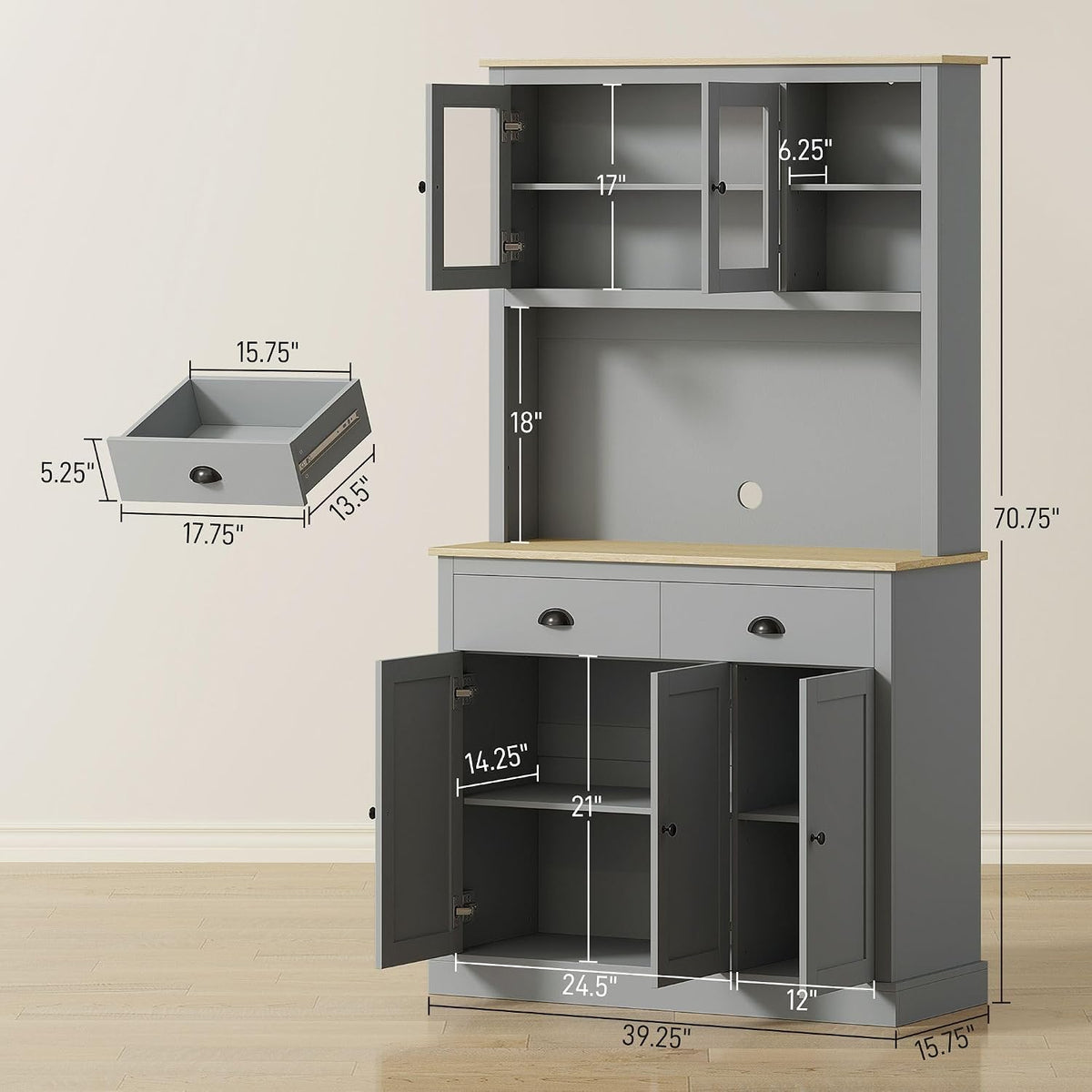 71-inch Modern freestanding Pantry Cabinet, Four Adjustable Shelves at Three Heights, Wide Counter Cable Hole, Gray Yellow Oak