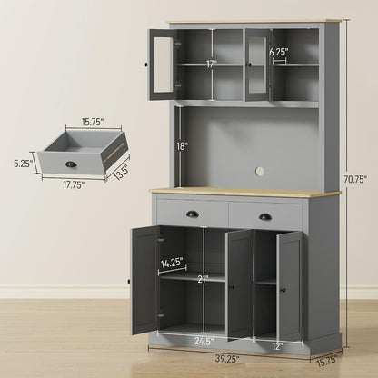 71-inch Modern freestanding Pantry Cabinet, Four Adjustable Shelves at Three Heights, Wide Counter Cable Hole, Gray Yellow Oak