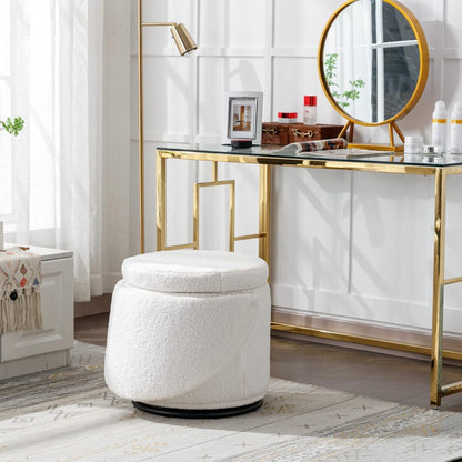 Ya-Home Modern Swivel Ottoman Vanity Chair, Sherpa Upholstered Barrel Club Chairs 360°Degree Swivel Side Chair with Storage, Comfy Makeup Stool for Bedroom Living Room, White