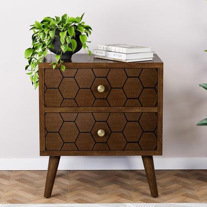 HOMPUS Wood Nightstand Set of 2, Modern Nightstand with Drawers Set 2 w Honeycomb Pattern, Small 2 Drawer Dresser, Bedside End Table with Solid Wood Legs for Bedroom, Dorm, Brown