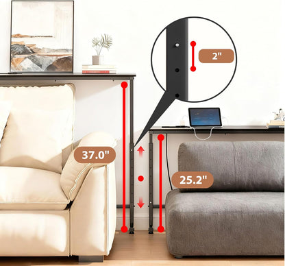 Keelian 90 inch Behind Couch Table with Outlets Adjustable Sofa Table Black