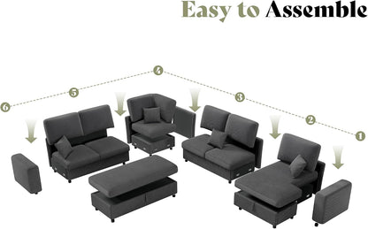 130" Sectional Couches for Living Room, Modular Sectional Sofa, Grey | Sofa Converts to Sleeper, Throw Pillows