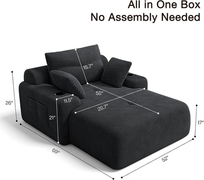 69” Oversized Chaise Lounge Chair Indoor, Soft Floor Chaise Lounge Reading Chairs with 4 Side Pockets and 2 Cup Holders, Comfy Corduroy Sleeper Sofa Bed for Living Room Bedroom, Black