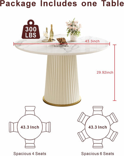 White Dining Table 43.30" Round Kitchen Table with Imitation Marble Grain Top & PU Leather Iron Pedestal,Modern Faux Marble Dinner Furniture for Kitchen Dining Room/Meeting Room