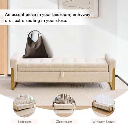 67" Storage Bench for Bedroom, King Size End of Bed Bench, Upholstered Storage Ottoman Bench with Golden Metal Legs, Bedroom Bench for Entryway (Teddy Beige)