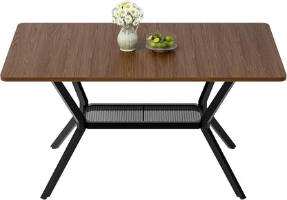 55 inch Dining Table for 4-6, Rectangle Kitchen Table with Storage Shelf, Space Saving Modern Farmhouse Design with Sturdy Metal Legs for Dining Room & Small Apartments