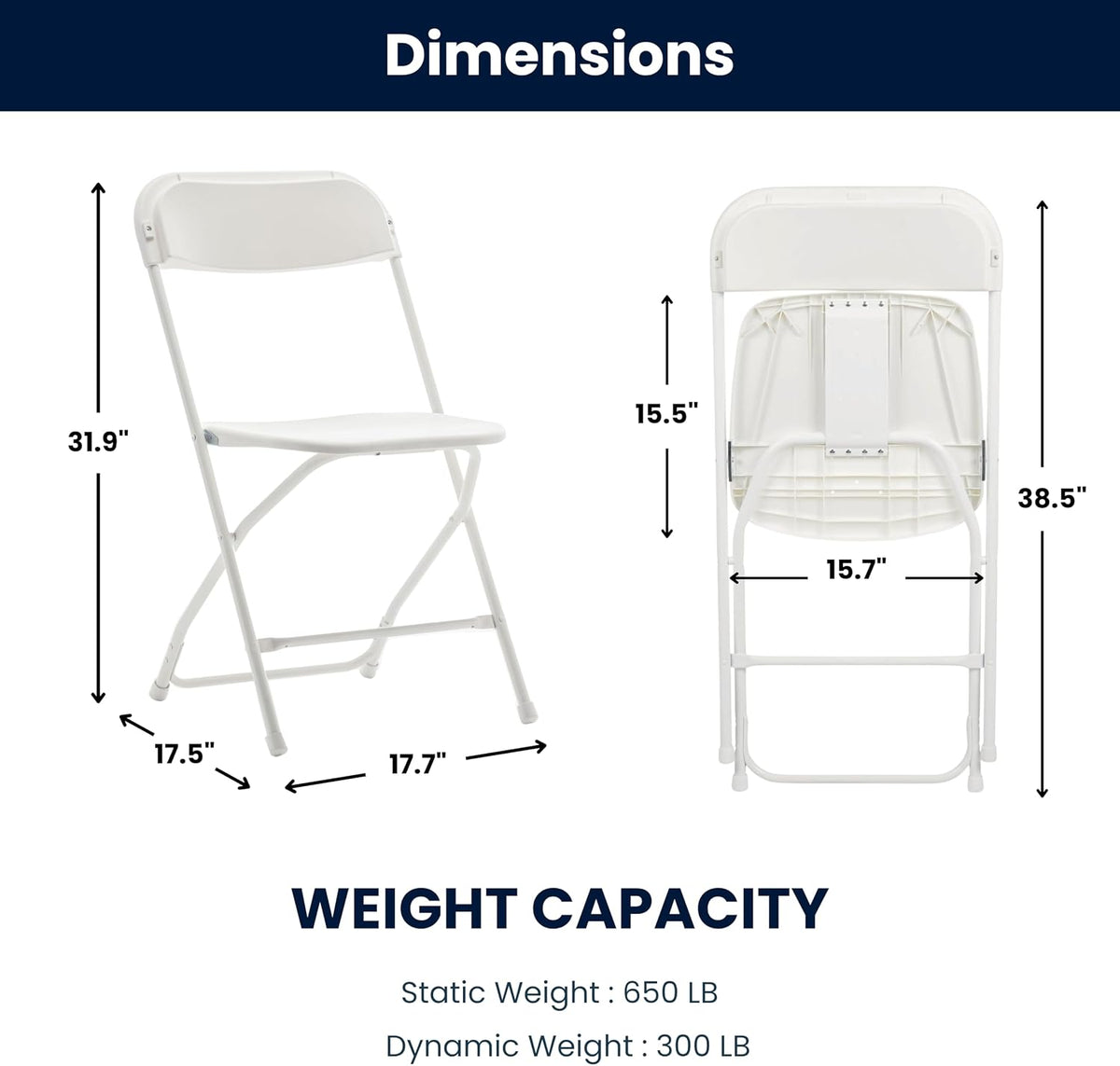 BTEXPERT Set of 5 Pack, White Plastic Folding Chair Steel Frame Commercial High Capacity Event Chair Lightweight Set for Office Wedding Party Picnic Kitchen Dining Church School