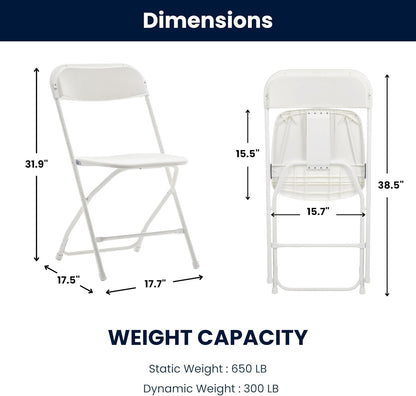 BTEXPERT Set of 5 Pack, White Plastic Folding Chair Steel Frame Commercial High Capacity Event Chair Lightweight Set for Office Wedding Party Picnic Kitchen Dining Church School