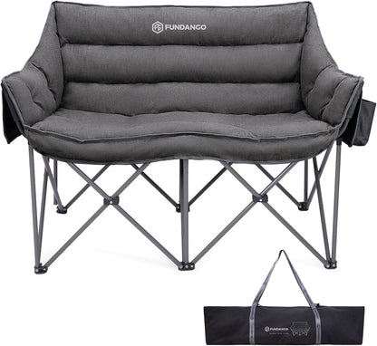 FUNDANGO Double Camping Chair, Oversized Padded Camping Loveseat for Adults, Heavy Duty Folding Camping Couch for 2 Person, Portable Outdoor Sofa with Cup Holders for Lawn, Sports, RV, Grey