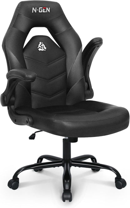 N-GEN Gaming Gaming Chair, Lumbar, PU Leather, Flip-Up Arms, Jet Black | Ergonomic High-Back Design, Adjustable Height with 360° Swivel Wheels, Comfortable Computer Desk Seating for Office and Home