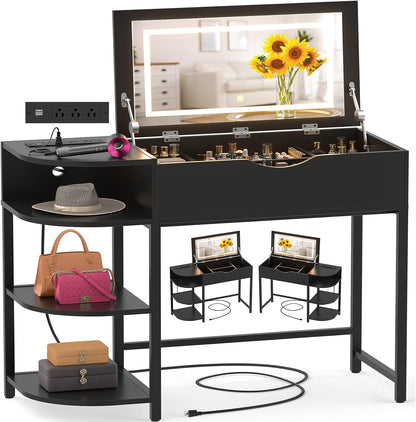 Cyclysio Vanity Desk with Flip Top Mirror and Lights, Black | Makeup Vanity Desk with Drawers, Dressing Table with Storage Shelves & Charging Station, Small Vanity for Small Spaces
