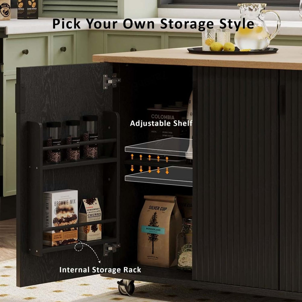 Kitchen Table with Storage with Drop Leaf Height-Adjustable Shelves, Island Kitchen with Wheels Towel Rack， for Kitchen, Dining Room, Black