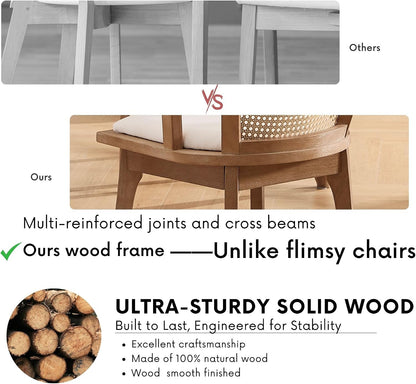 BESTANO Rattan Dining Chairs Set of 4, Mid Century Modern Farmhouse Wood Dining Room Chairs, Upholstered Comfortable Kitchen Dining Side Chair with Cane Woven Back, Beige Linen