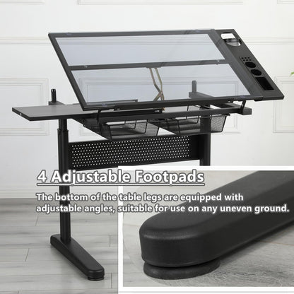 Drafting Desk with Stool, Upgraded Hand Crank Adjustable Height Art Table with Storage, 0-75° Tilting Glass Tabletop Drawing Table for Artists, Ergonomic Design for Painting, Sketching, Black