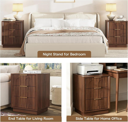 Nightstands Set of 2, Mid Century Modern 3 Drawer Bedside Tables with Arched Fronts and Gold Handles, Walnut End Tables for Bedroom, Living Room, Small Spaces，Walnut